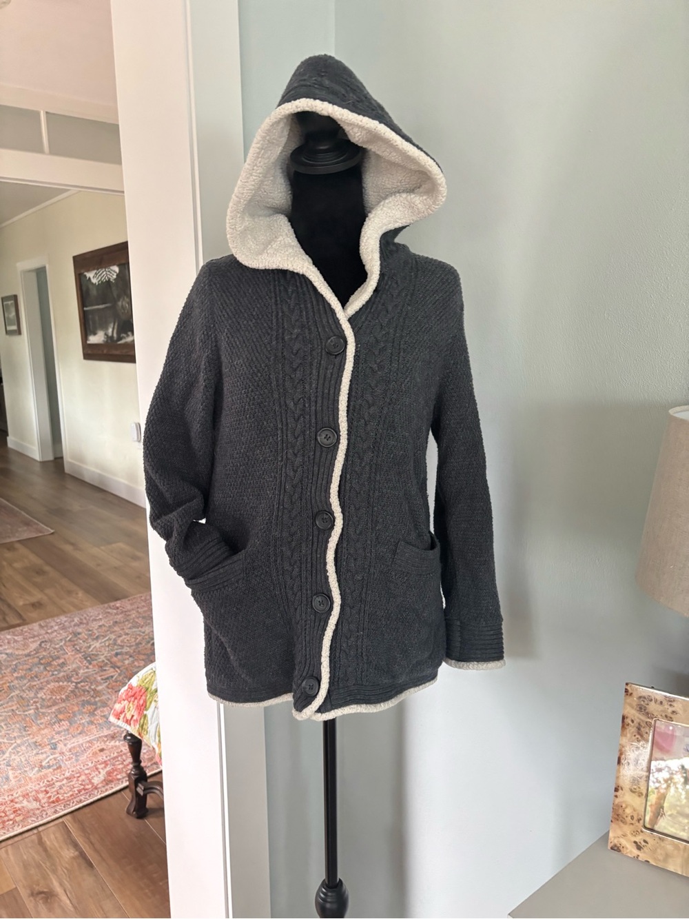 L.L. Bean Hooded Knit Cardigan in Charcoal with Cream Sherpa Trim XS